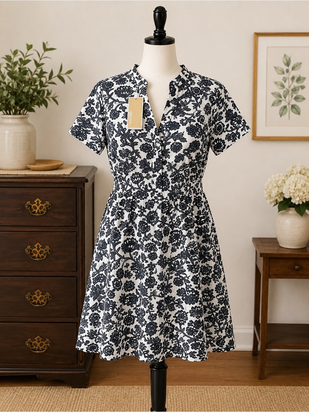 Michael Kors Blue and White Floral Long Sleeve Dress